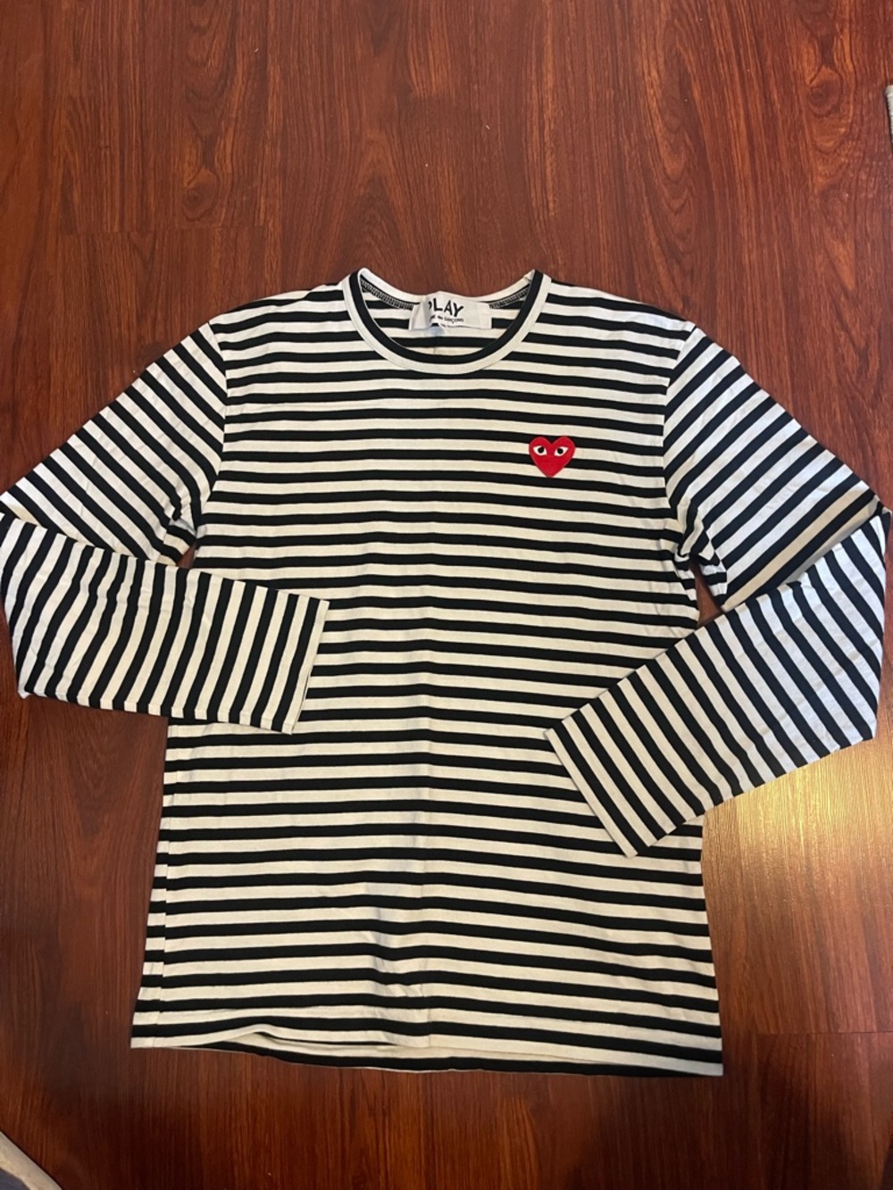 Comme des Garçons PLAY  Black & White Striped Long-Sleeve Tee with Red Heart